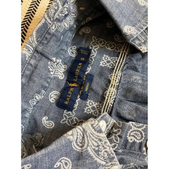 Ralph Lauren Indigo Bandana Chambray Short Sleeve Button Up Shirt 100%cotton - Picture 3 of 6
